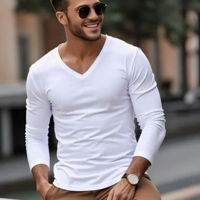 2 Pack Soulstar merk - 95% katoen / 5% elastaan Men´s V-Neck Stretch T-Shirt Long Sleeve Wit en Zwart