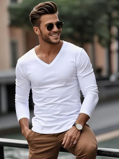 2 Pack Soulstar merk - 95% katoen / 5% elastaan Men´s V-Neck Stretch T-Shirt Long Sleeve  Wit en Zwart