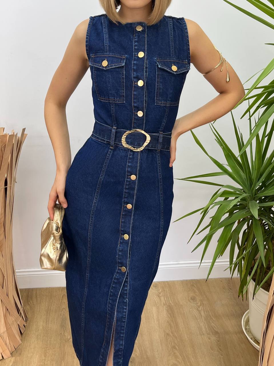 Denim Dress for Women Sleeveless Button Down Slim Fit Midi Jean Dresses - Image 5